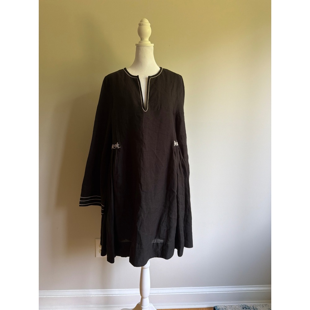 Merlette New York Black Linen Embroidered Split Neck Tunic Dress Long Sleeve
